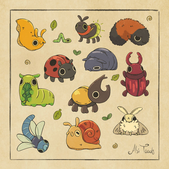 print with various cute illustrated bugs on it