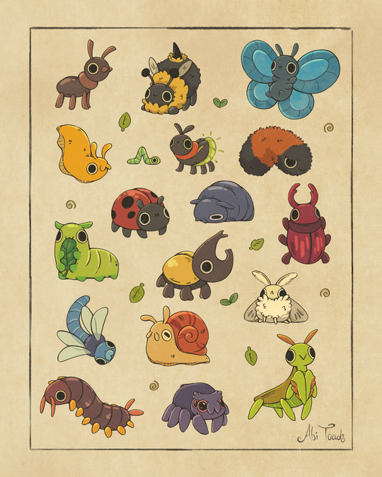 print of cartoony, cute bugs in the style of scientific poster