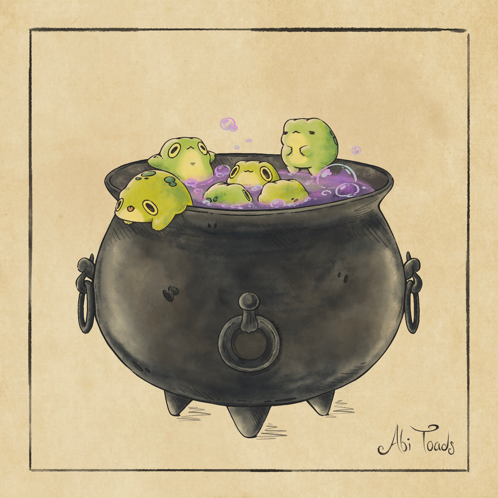 Illustration of green frogs in a black cauldron on beige background