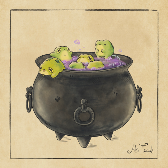 Illustration of green frogs in a black cauldron on beige background