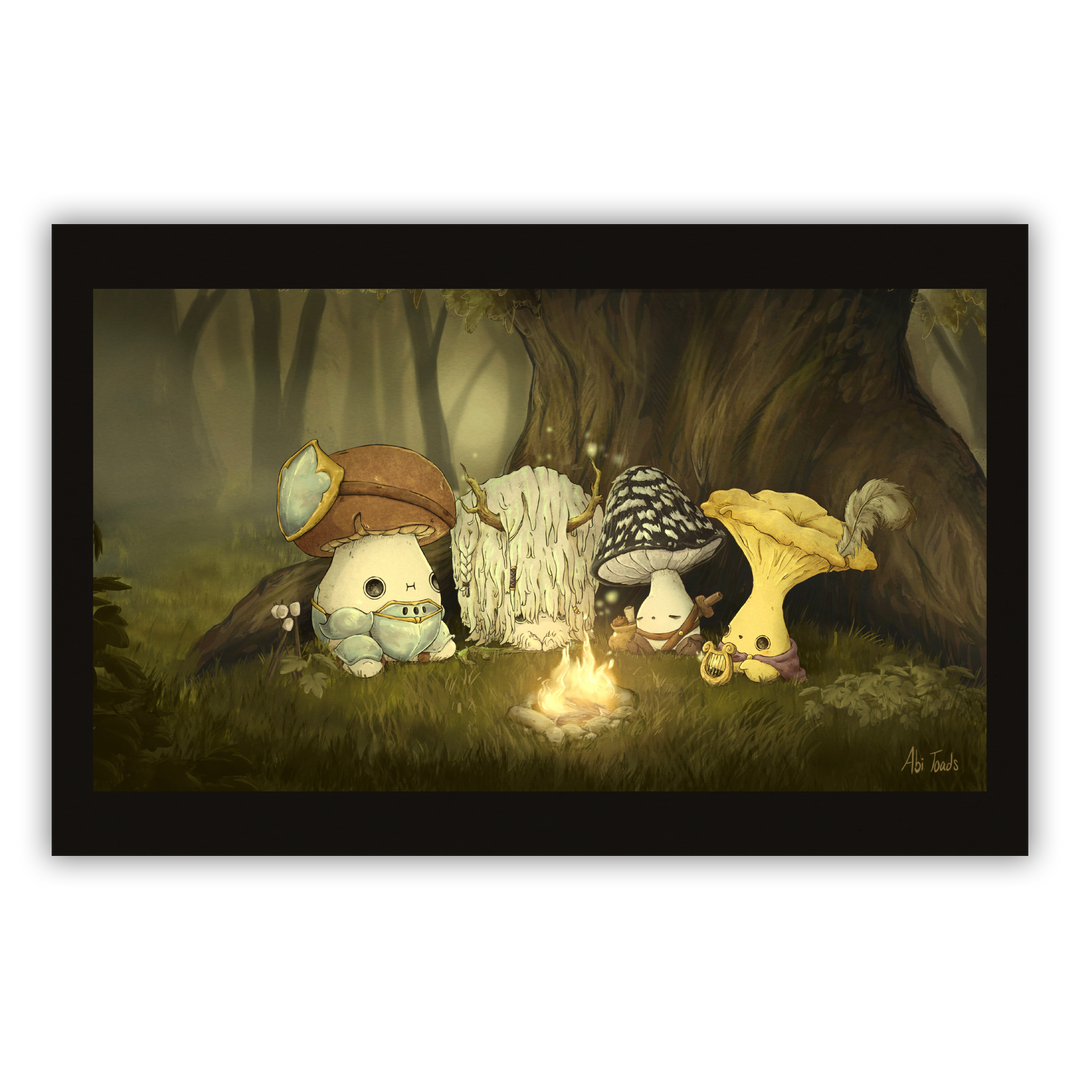 print of fantasy mushroom characters resting around a campfire