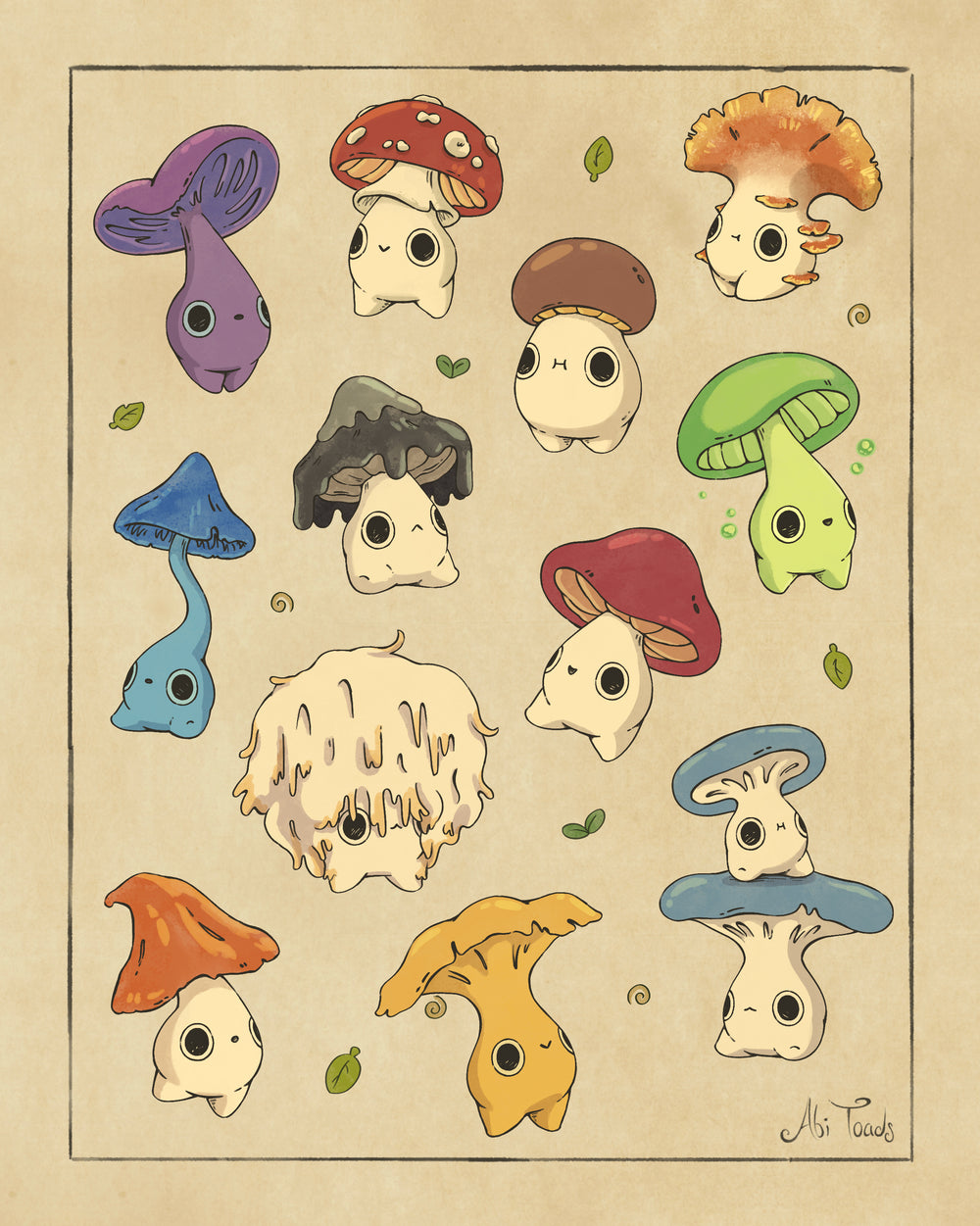 a bunch of cartoonish adorable mushroom characters on a beige paper background