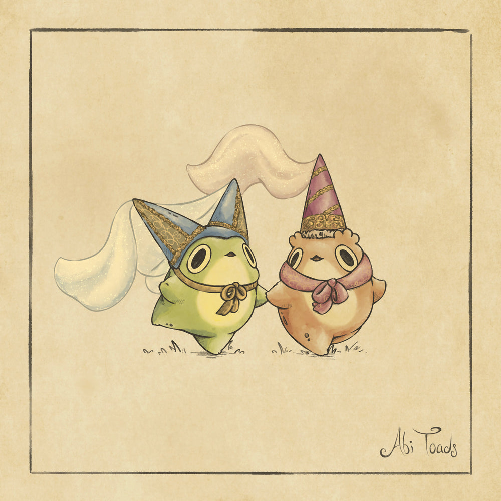 illustration of a frog and toad in cute princess hats on a beige background