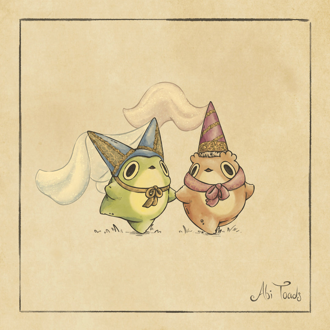 illustration of a frog and toad in cute princess hats on a beige background