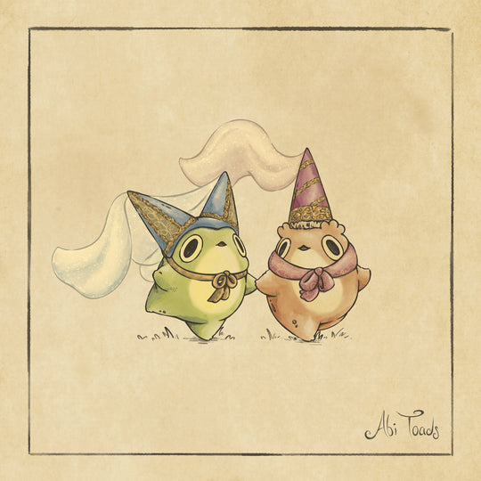 illustration of a frog and toad in cute princess hats on a beige background