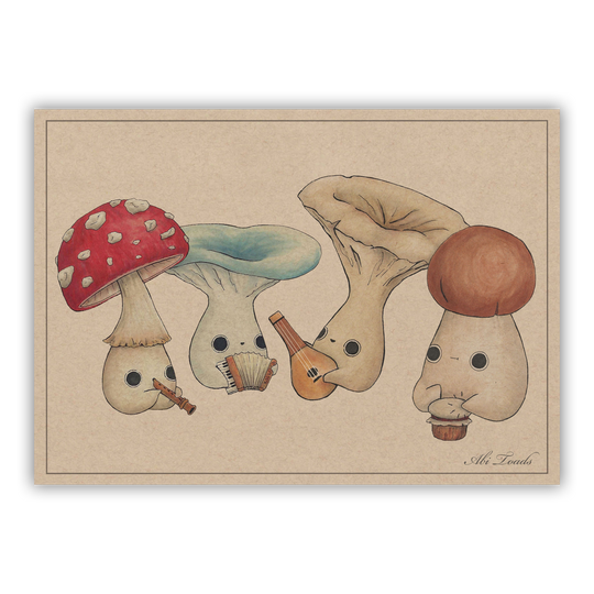 print of mushlings playing instruments in a band