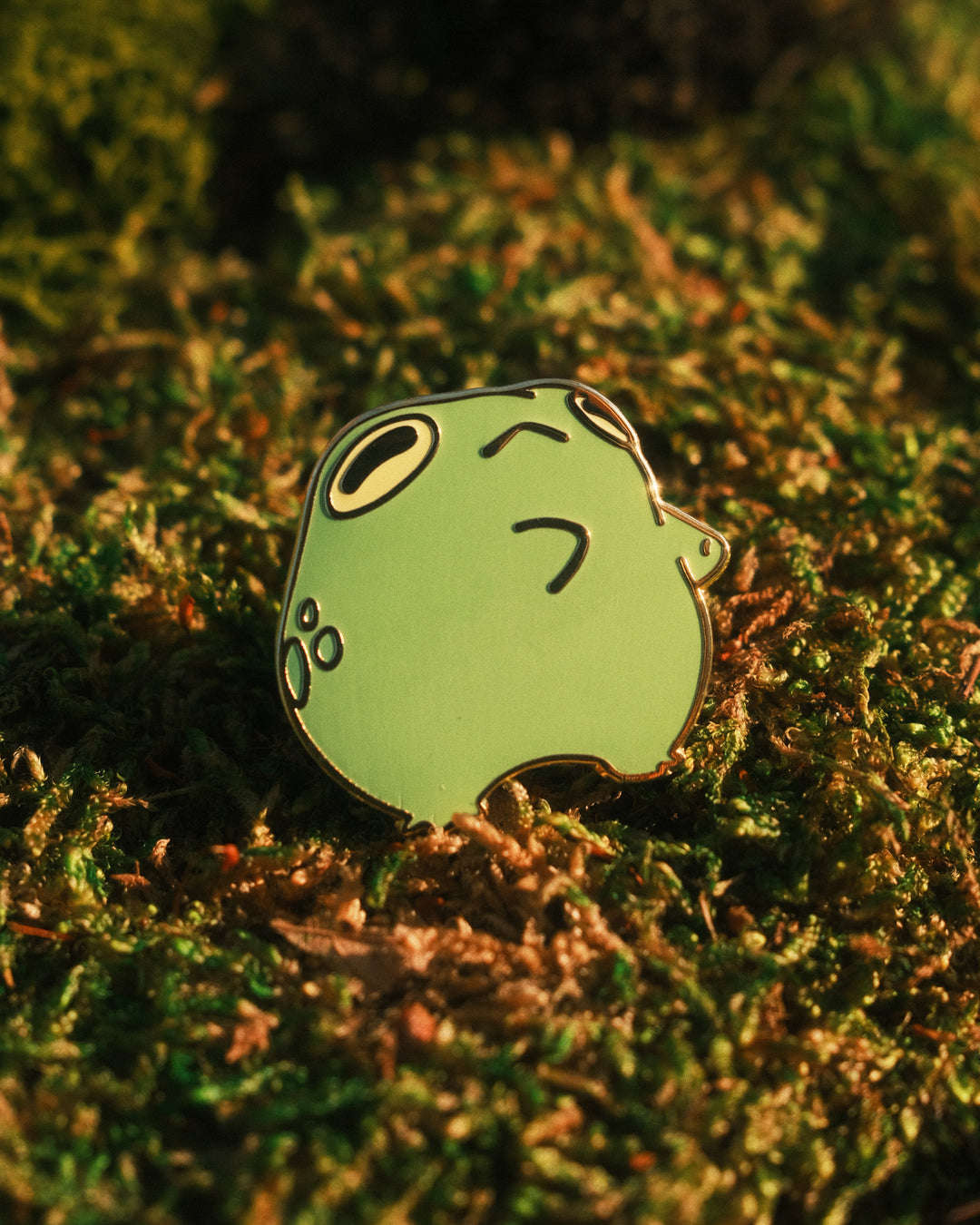 dancing frog pin on a mossy background