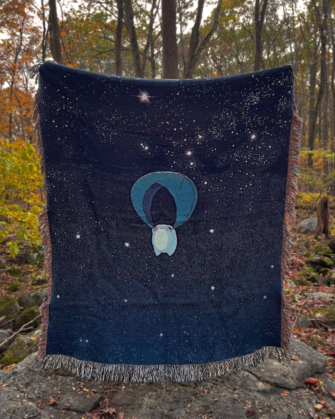 woven blanket of frog gliding on a leaf at night in a starry sky