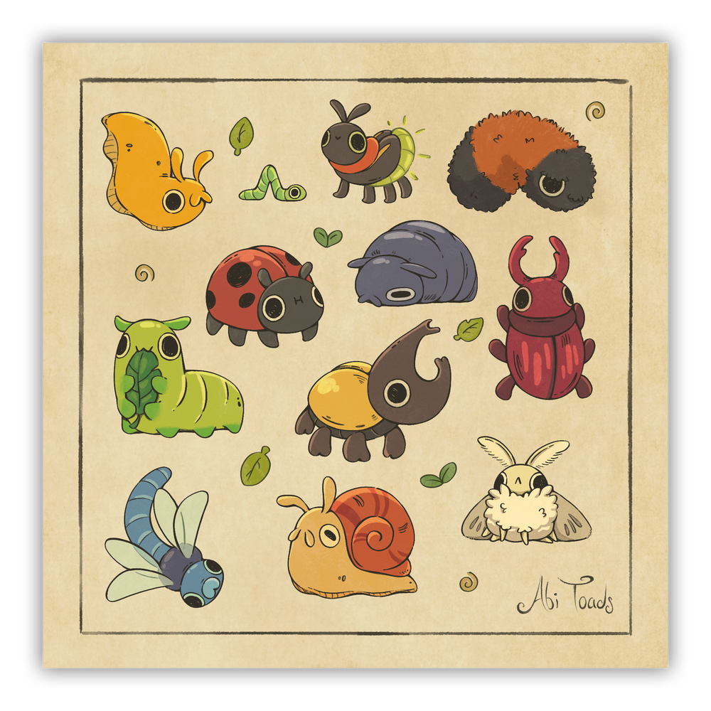 print with various cute illustrated bugs on it