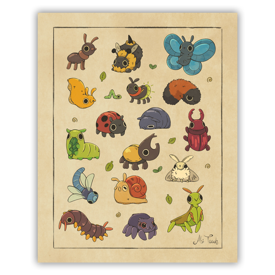 print of cartoony, cute bugs in the style of scientific poster