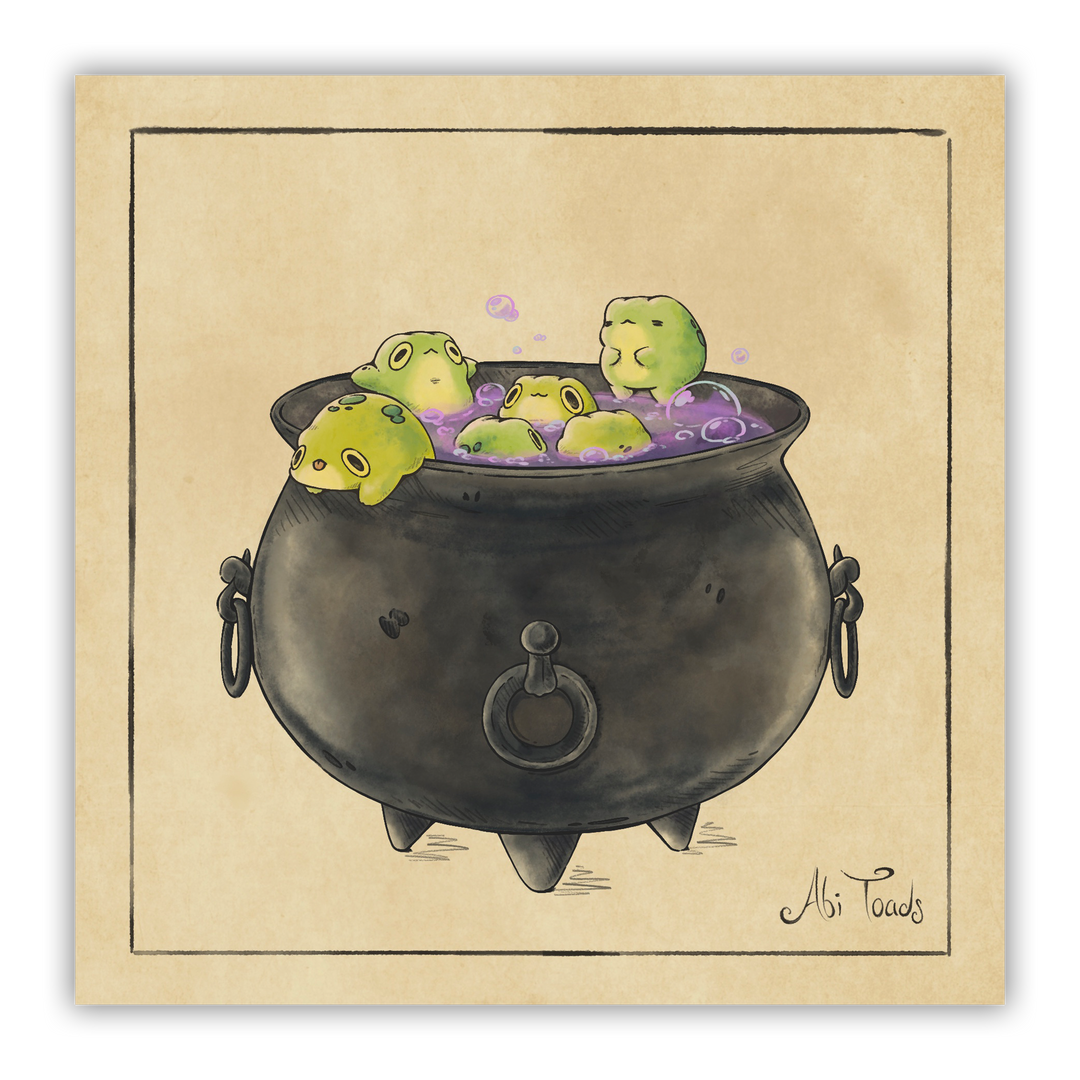 Illustration of green frogs in a black cauldron on beige paper.