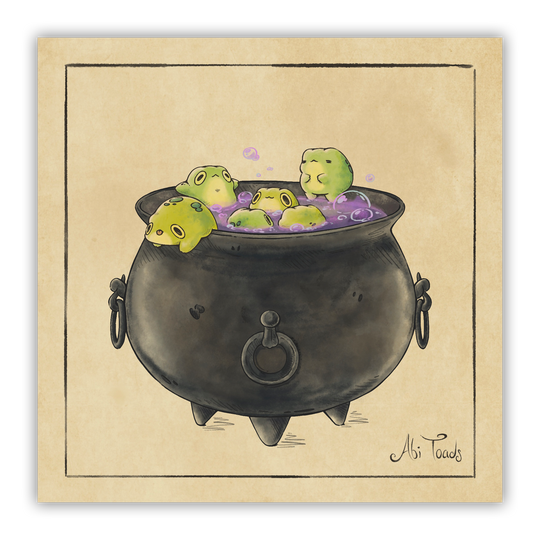 Illustration of green frogs in a black cauldron on beige paper.