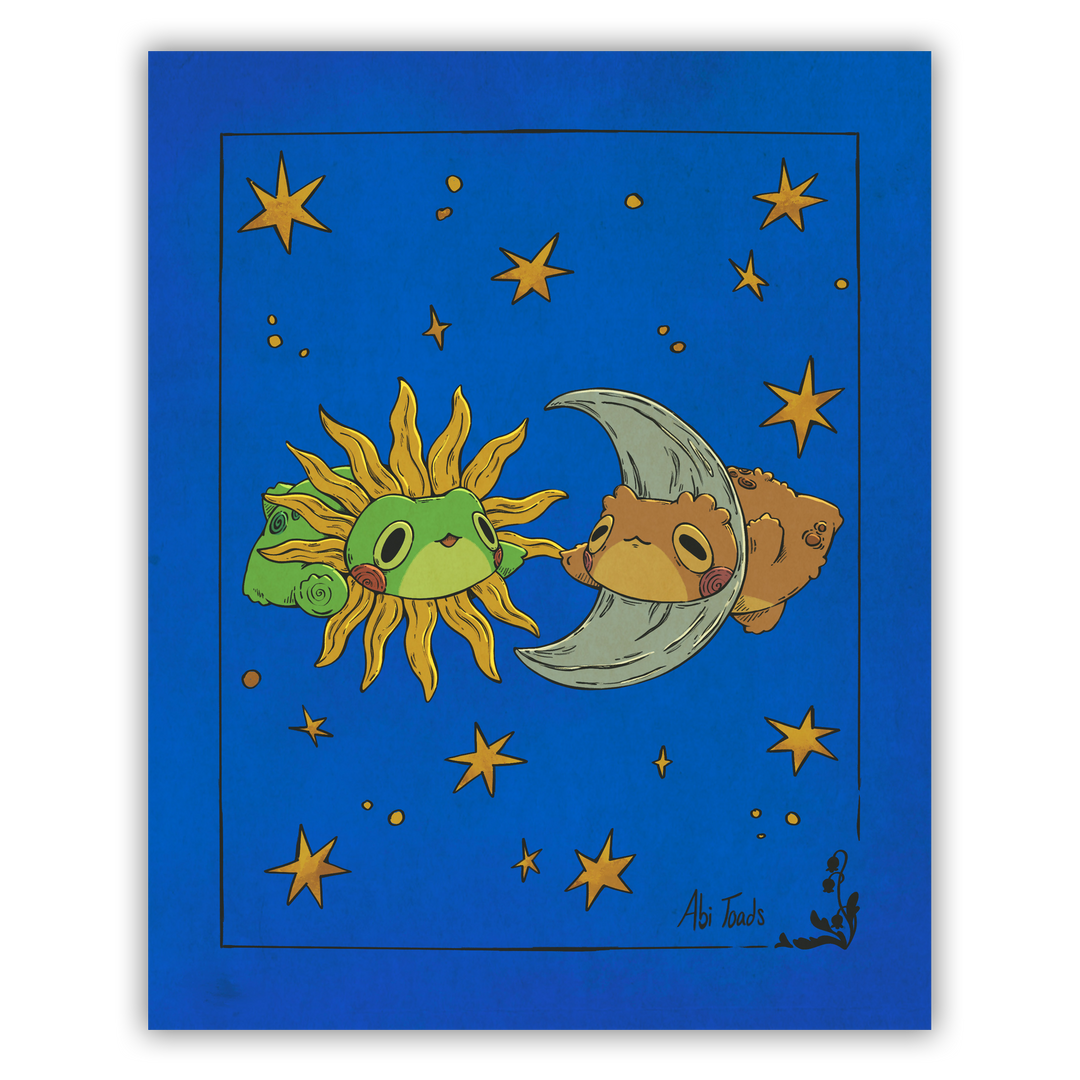 Illustration of a sun and moon frogs with starry background
