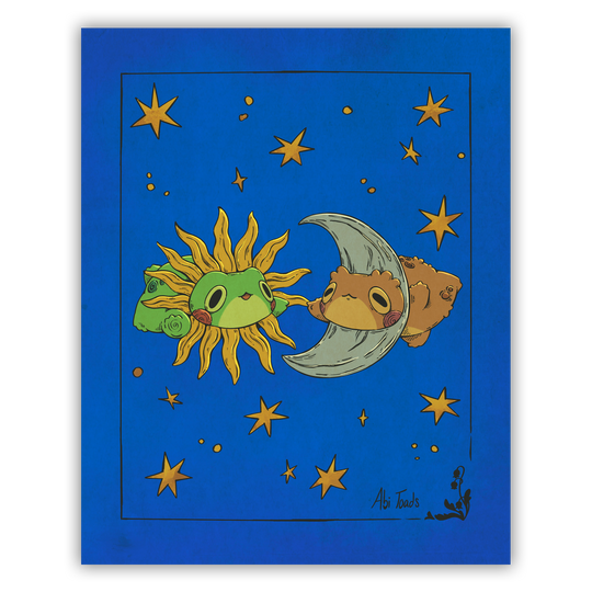 Illustration of a sun and moon frogs with starry background