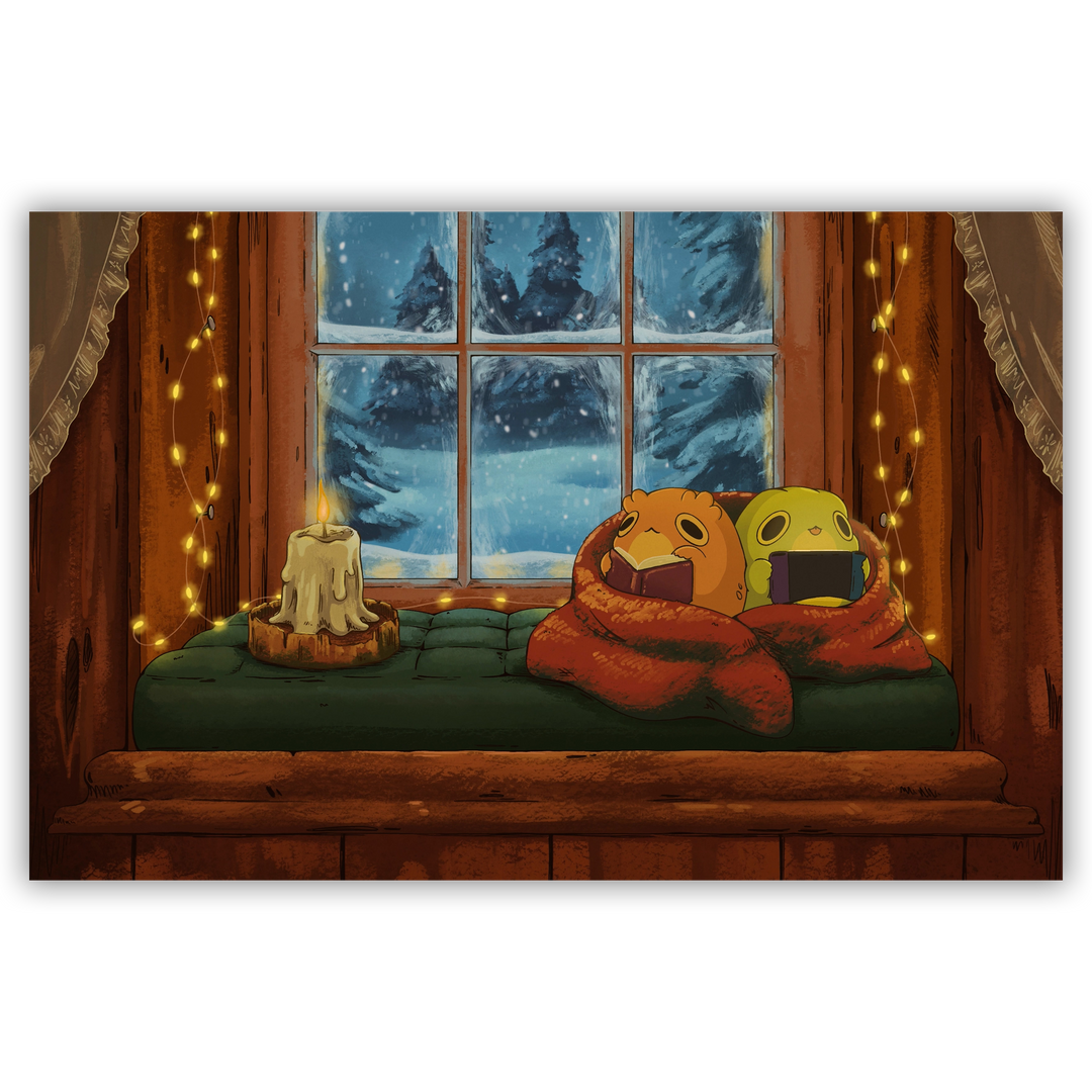 print of two frogs cuddled up in a blanket by a frosted window, playing videogames and reading a book