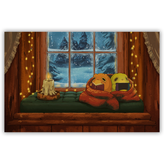 print of two frogs cuddled up in a blanket by a frosted window, playing videogames and reading a book