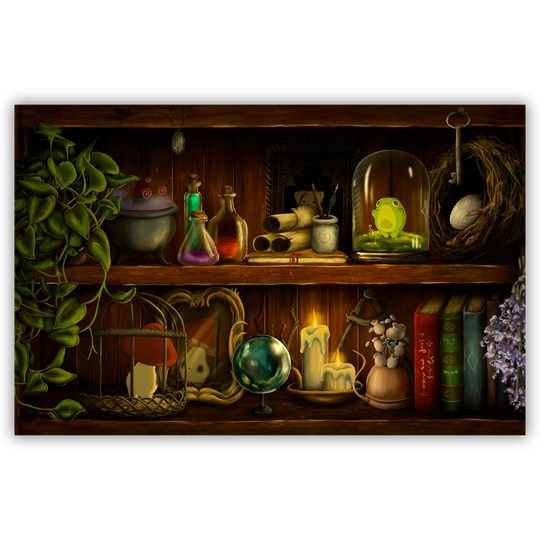 Wooden shelf with various mystical items including bottles, books, and a glowing frog in a glass dome.