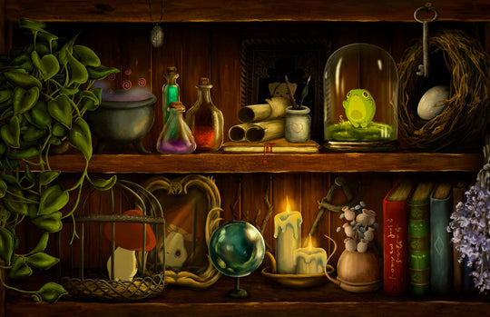 Wooden shelf with various mystical items including bottles, a globe, and a glowing green frog.