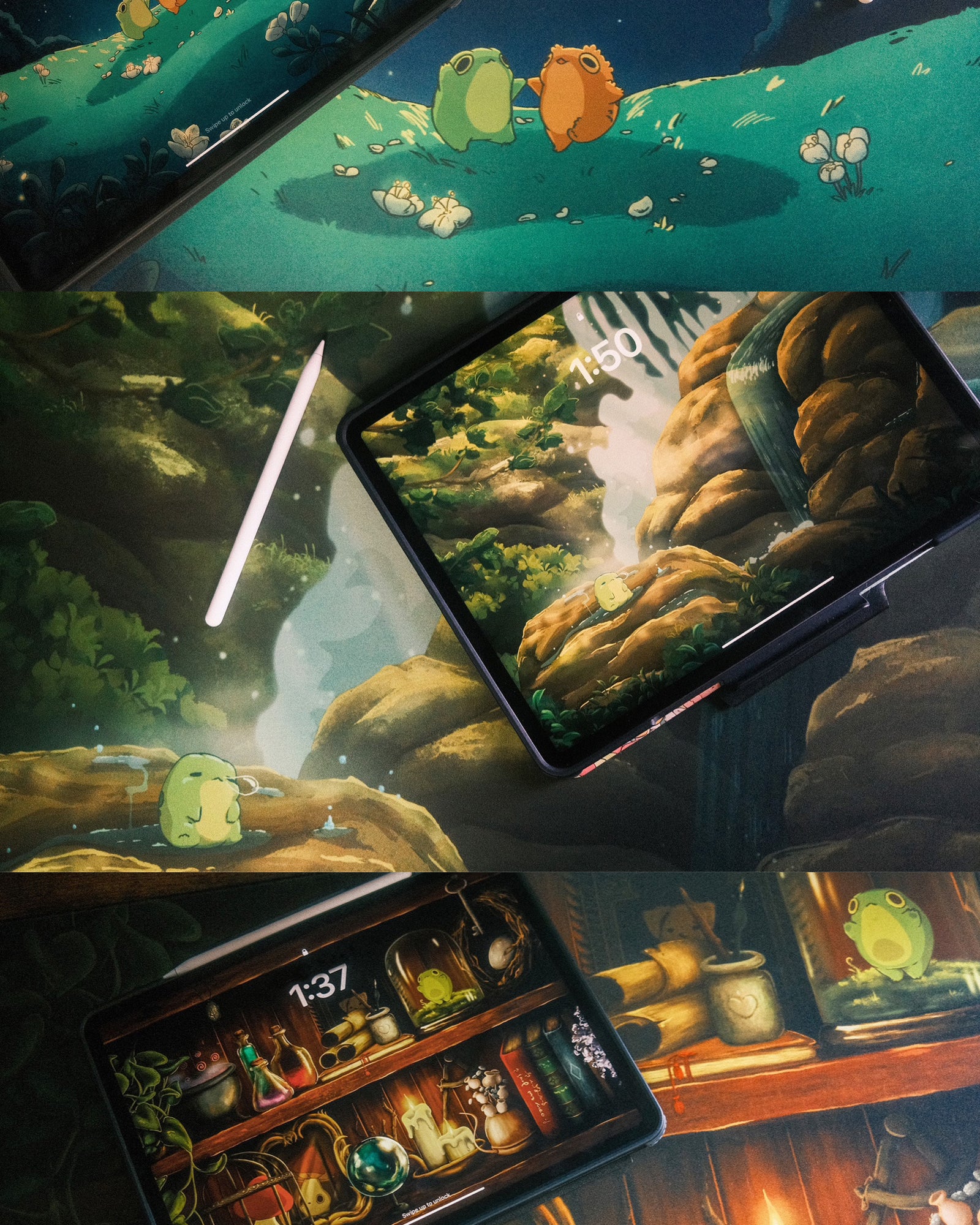 compilation of various desk mats depicting scenes animated by Abi Toads