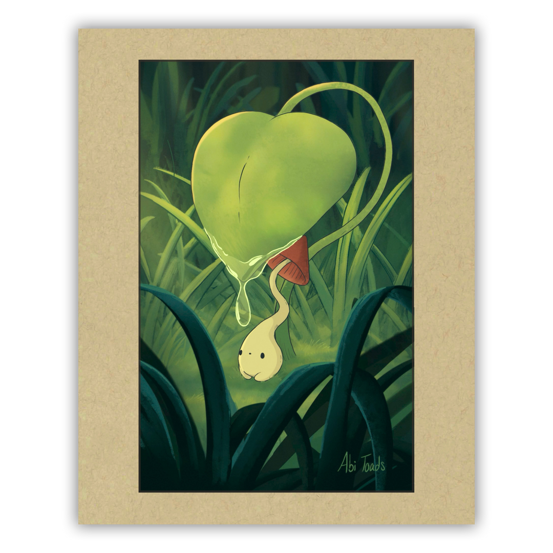 A whimsical artwork of a small mushroom with a red cap and long stem, hiding under a large leaf in a forest setting.