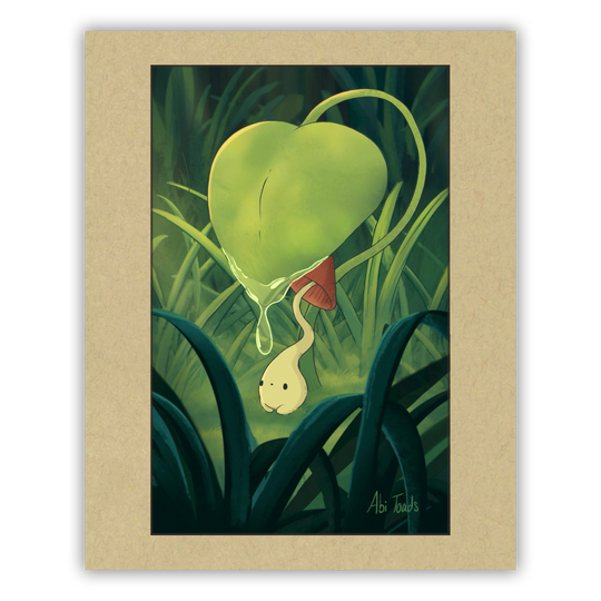 A whimsical artwork of a small mushroom with a red cap and long stem, hiding under a large leaf in a forest setting.