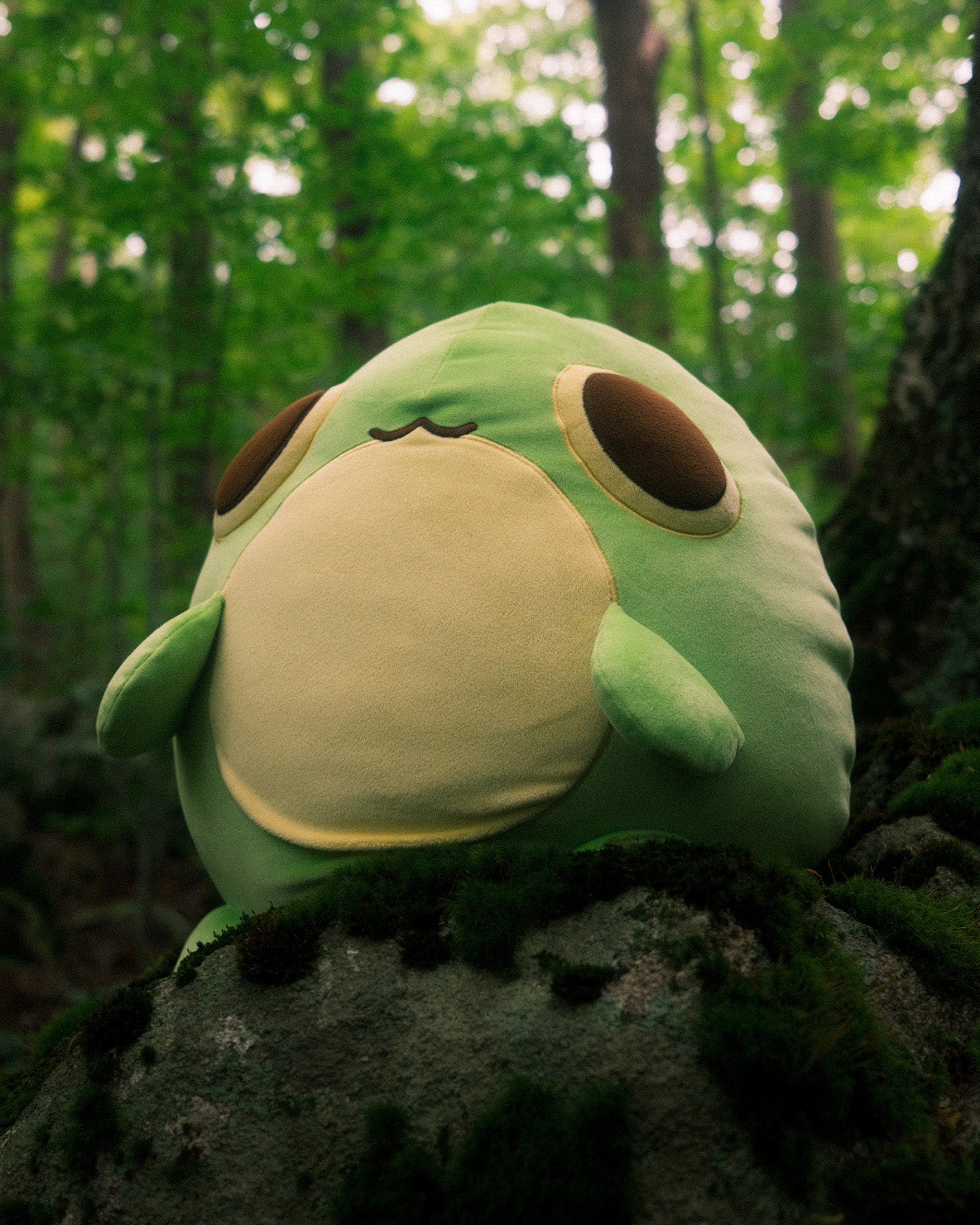 Green plush toy resembling a frog sitting on a rock in a forest.