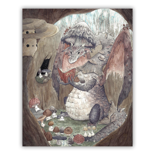 A watercolor print featuring a fantasy creature resembling a dragon with mushrooms in a forest setting.