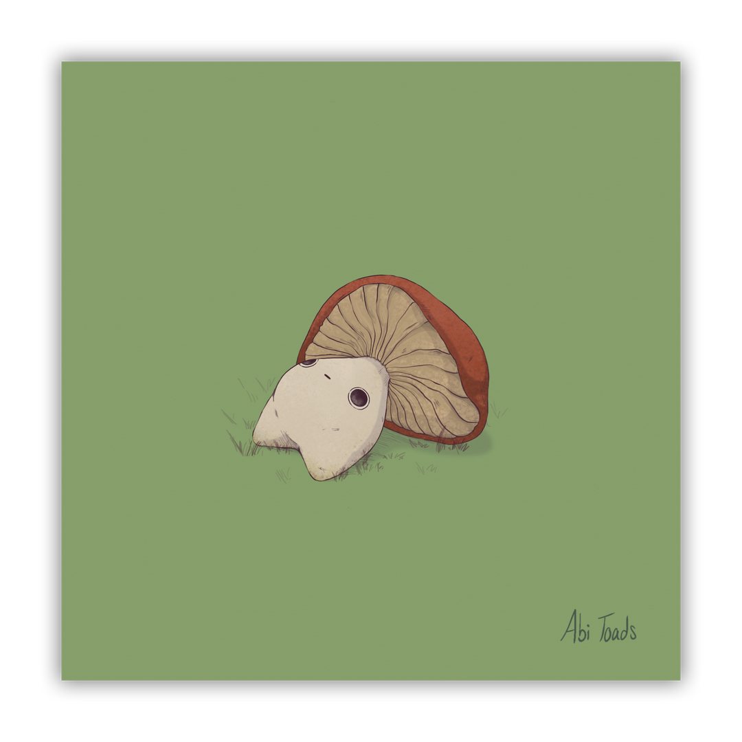print of a red capped mushling laying down on his back staring upwards