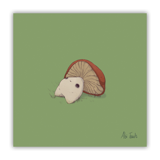 print of a red capped mushling laying down on his back staring upwards
