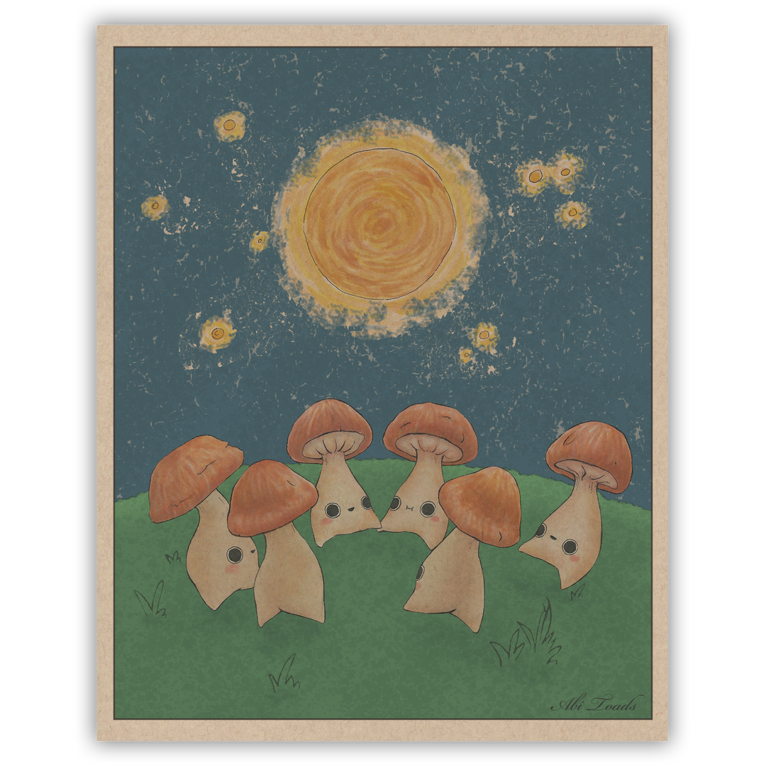 print of mushroom characters dancing in a circle under the moon