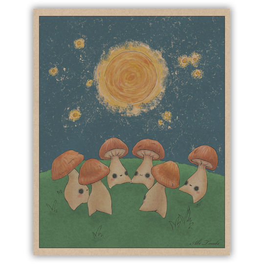 print of mushroom characters dancing in a circle under the moon