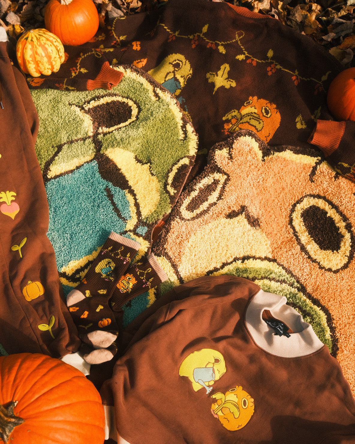 frog and toad rugs surrounded by pumpkins and various articles of clothing