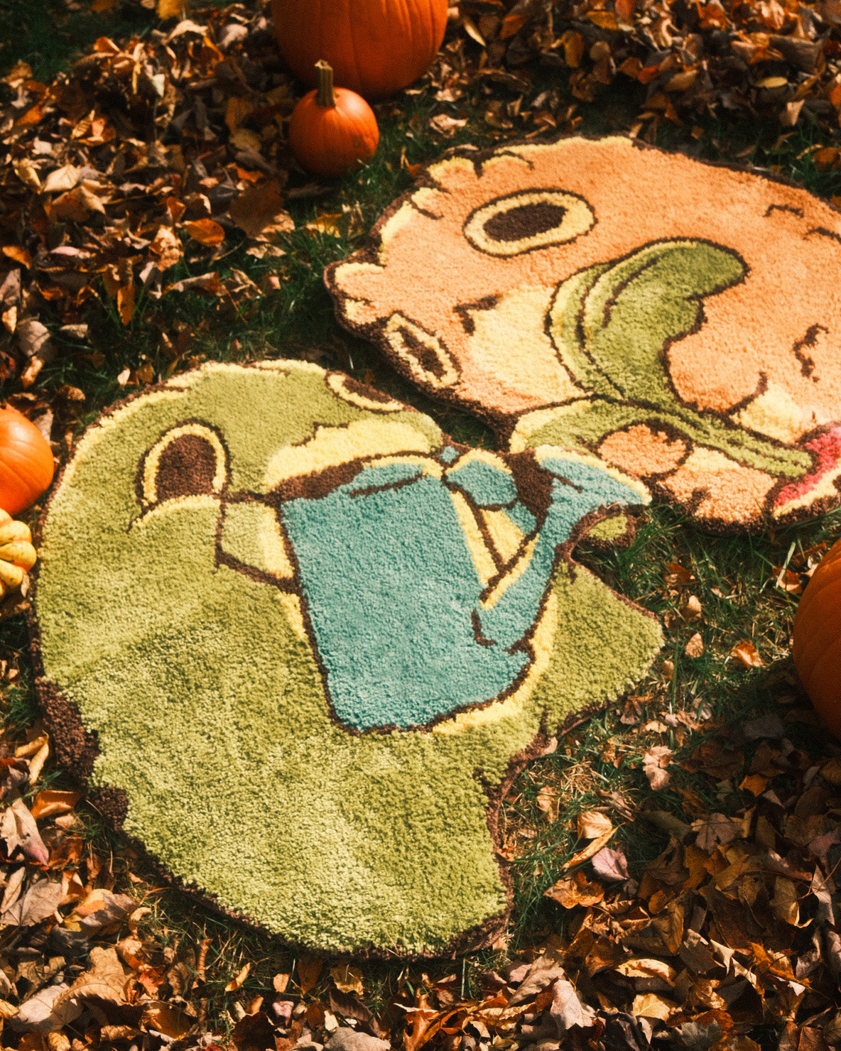 frog and toad shaped rugs surrounded by pumpkins and leaves