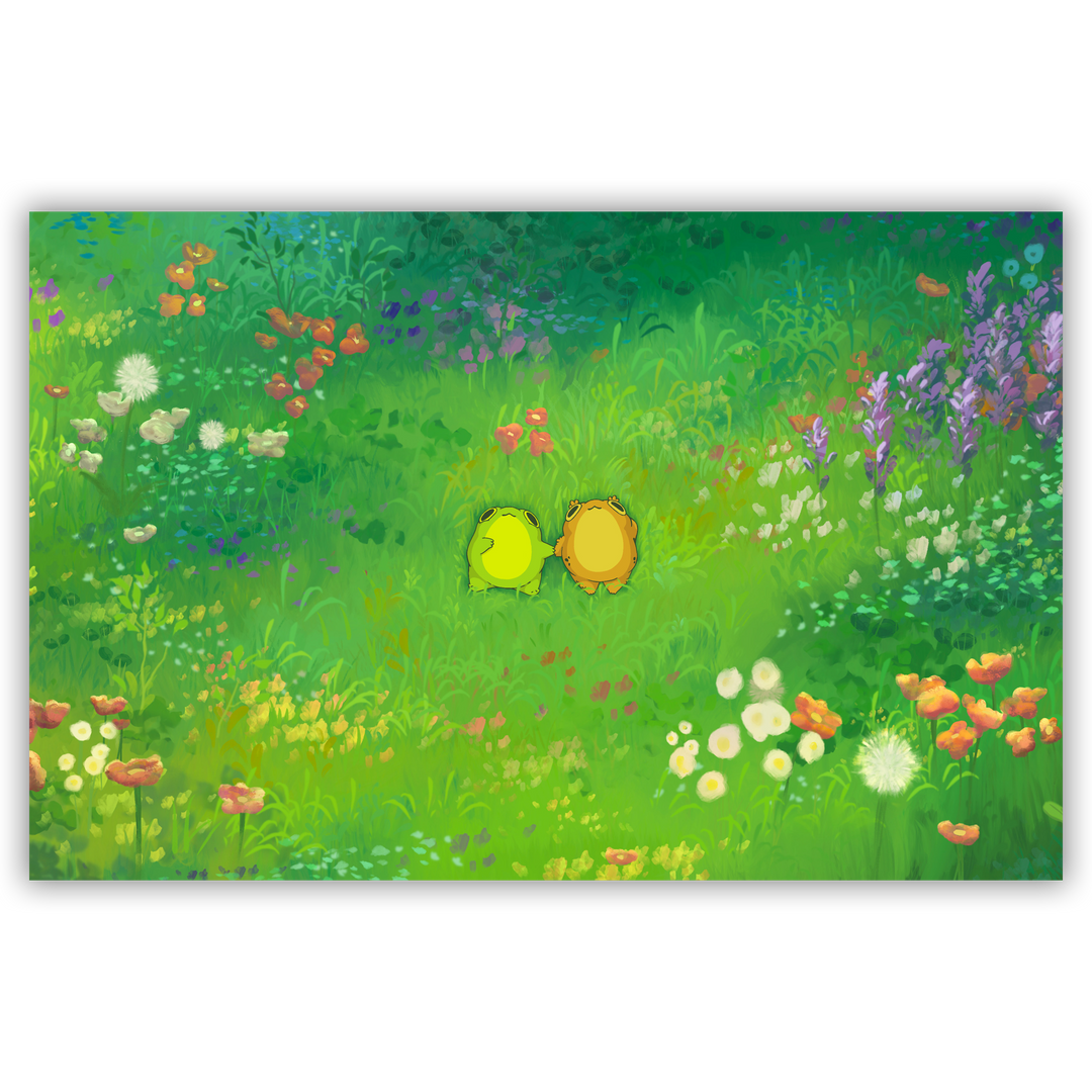 Two cartoon frogs in a colorful garden with flowers and grass.