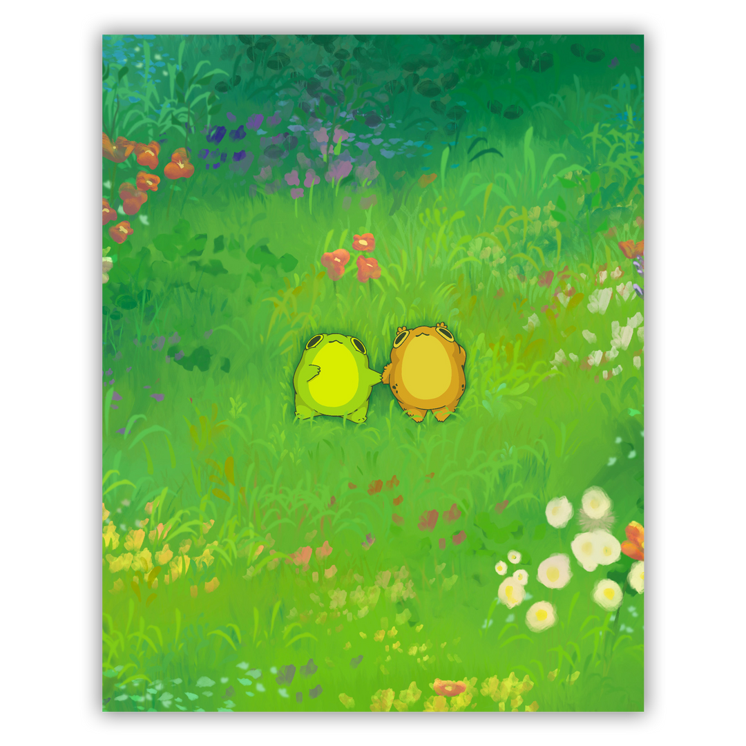 Two cartoon frogs in a colorful garden with flowers and grass.