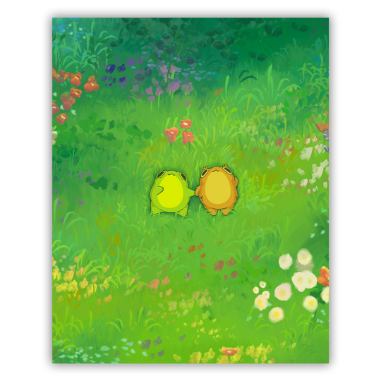 Two cartoon frogs in a colorful garden with flowers and grass.