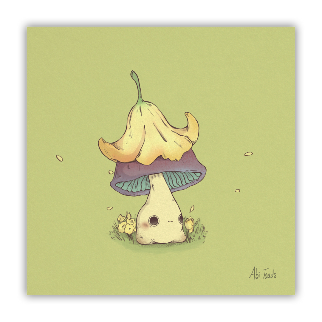 print of a purple capped mushling with a yellow flower on top of his head like a hat