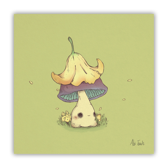 print of a purple capped mushling with a yellow flower on top of his head like a hat