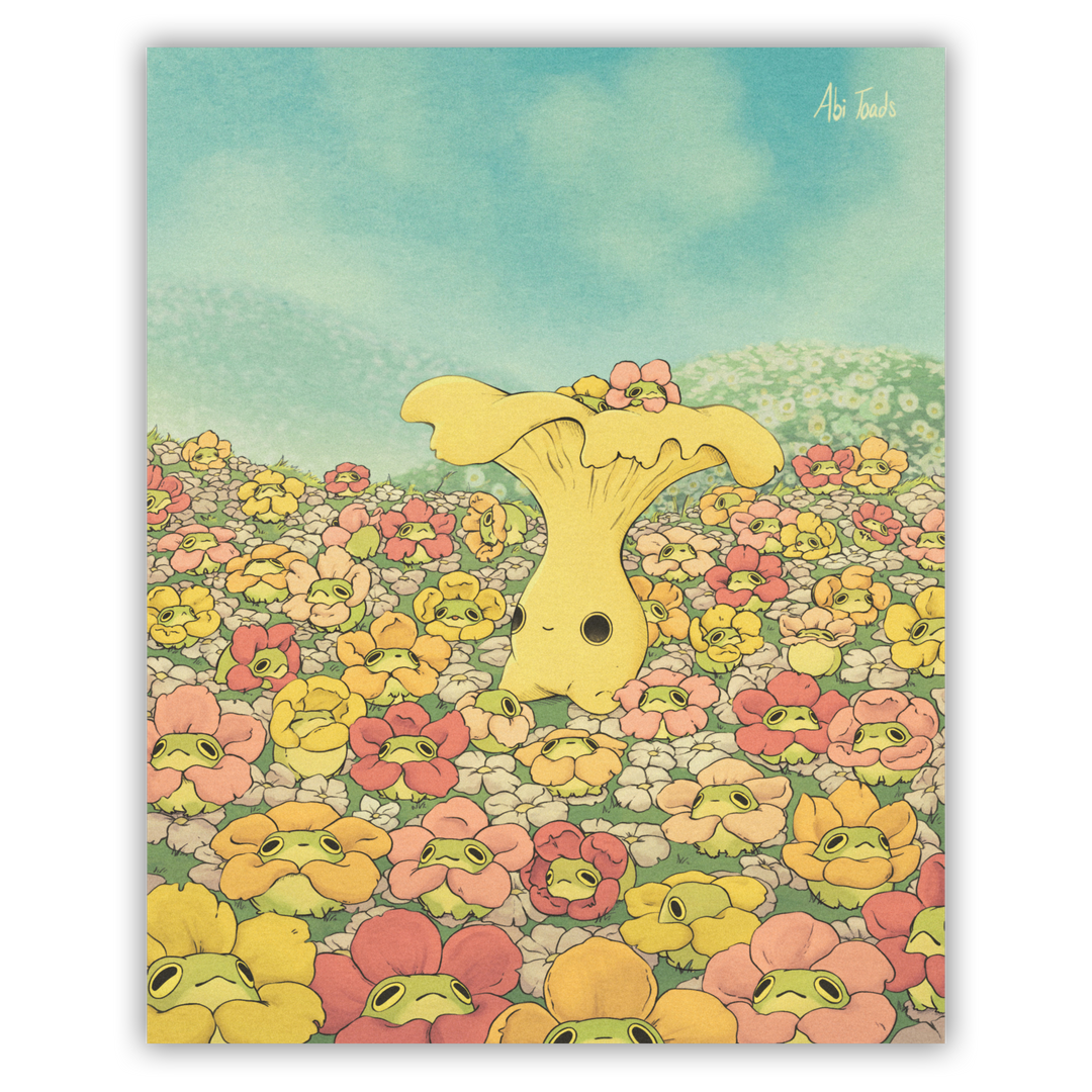 print of chanterelle mushling character surrounded by frogs in flower necklaces