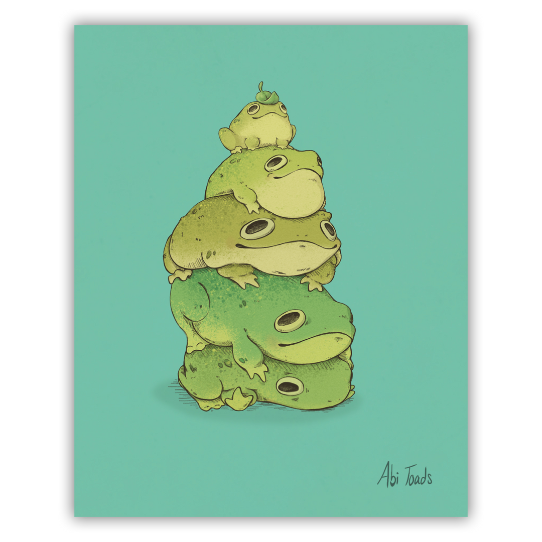 print of cute frogs stacked on top of each other