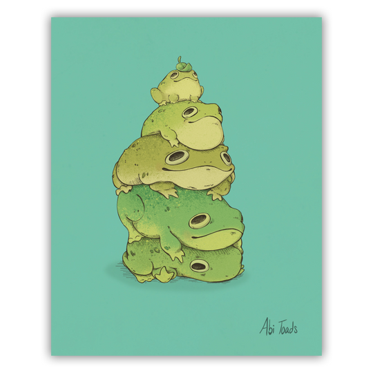 print of cute frogs stacked on top of each other