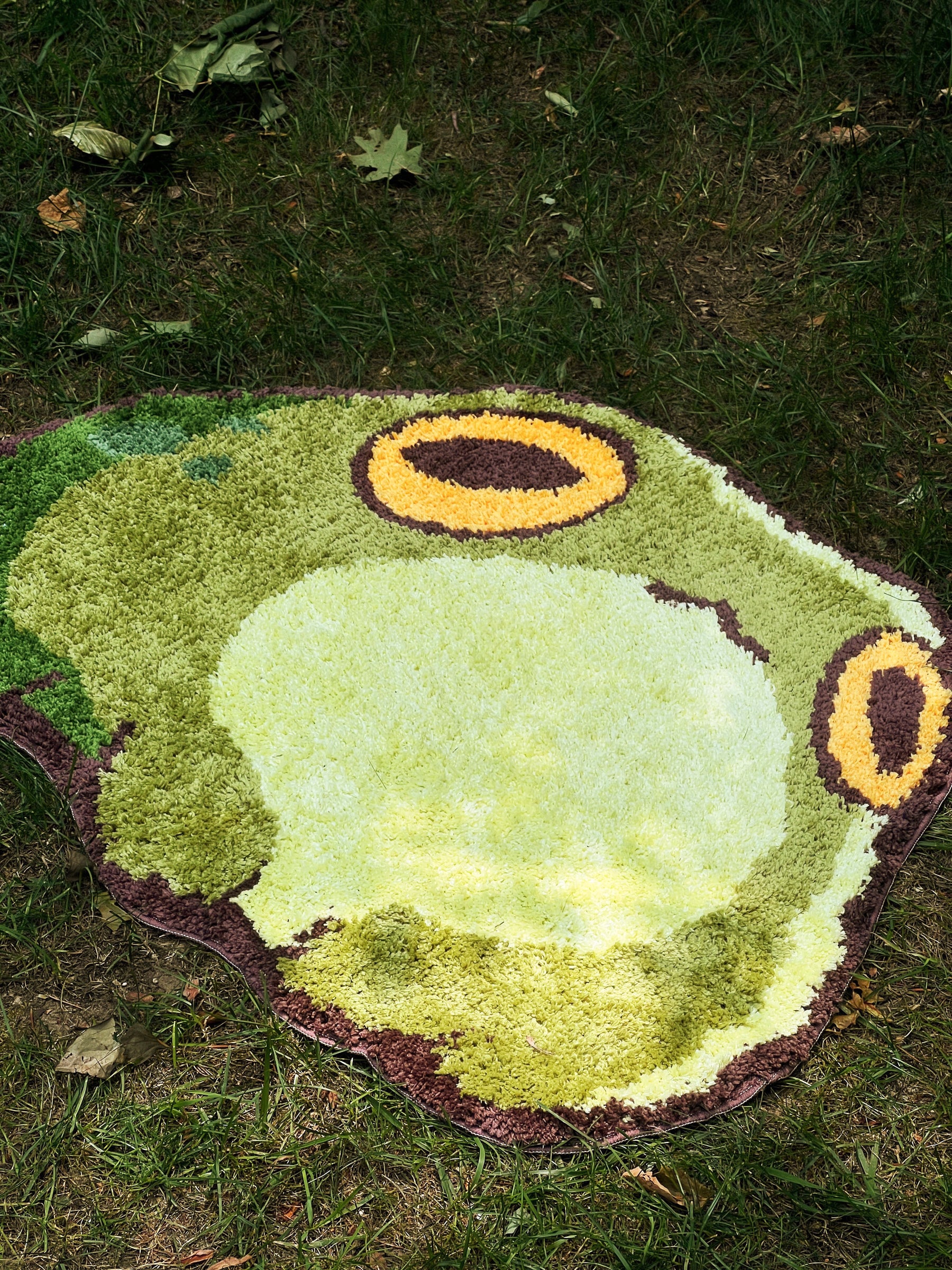 Frog-shaped rug on grass