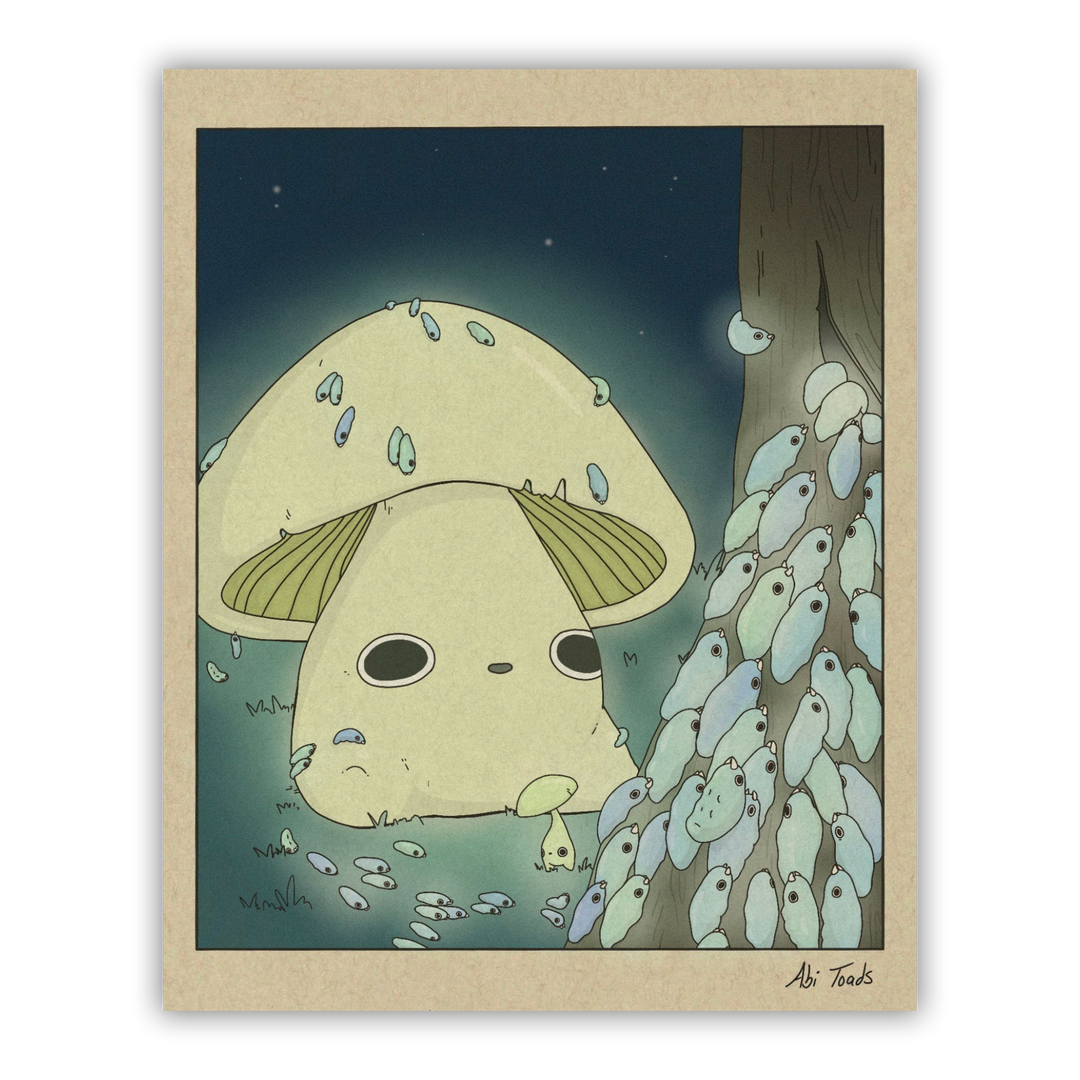 A whimsical illustration of a large bioluminescent mushroom with a group of glow worms around it in the dark, set against a background of a starry night.