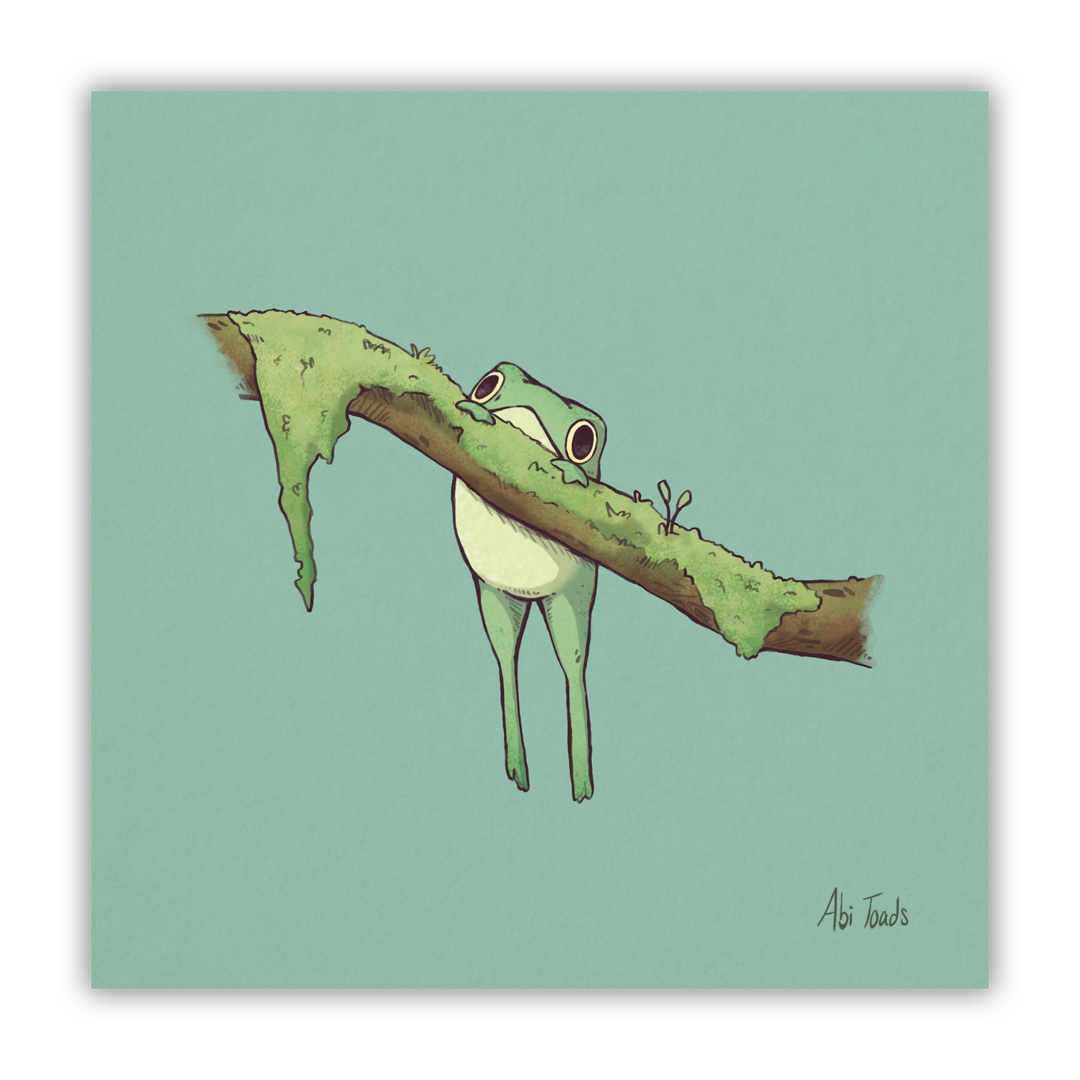 print of a frog hanging onto a mossy branch