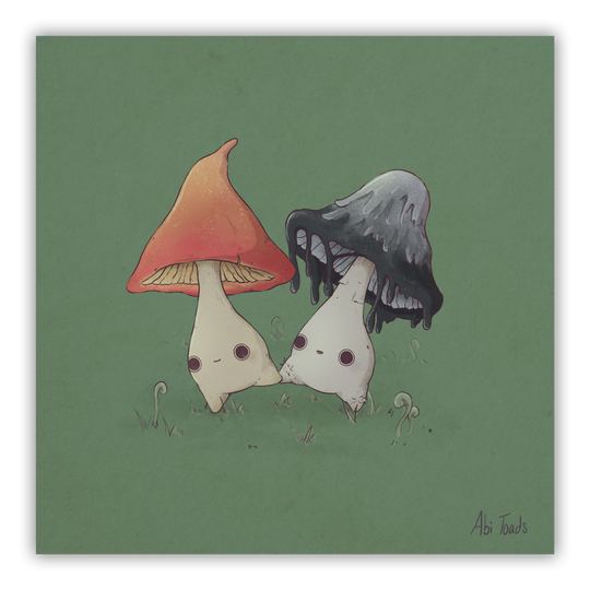 print of witch hat mushling and inky cap mushling walking together holding hands/legs