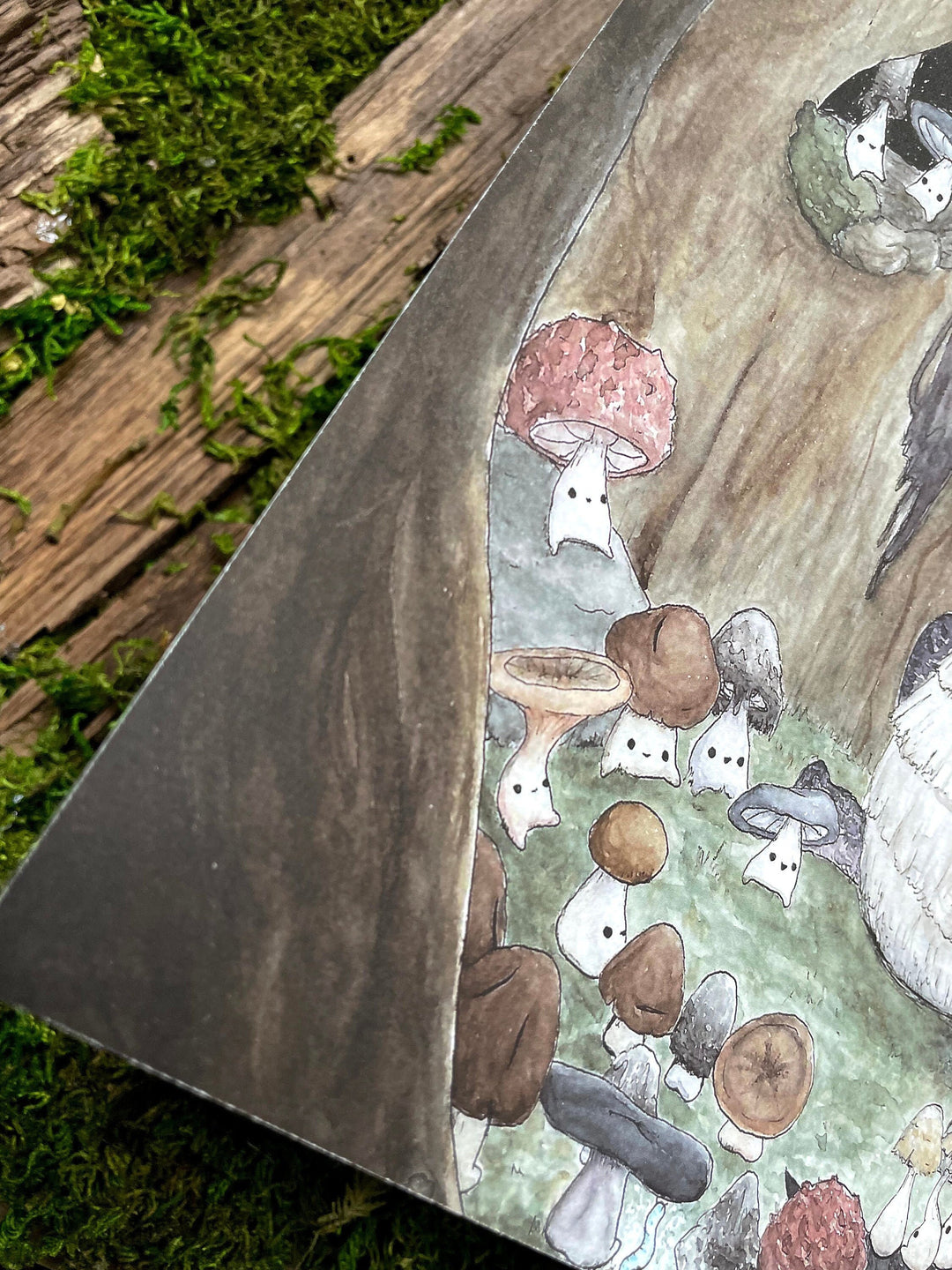 print of a mushroom dragon reading a book to a bunch of little mushroom creatures closeup