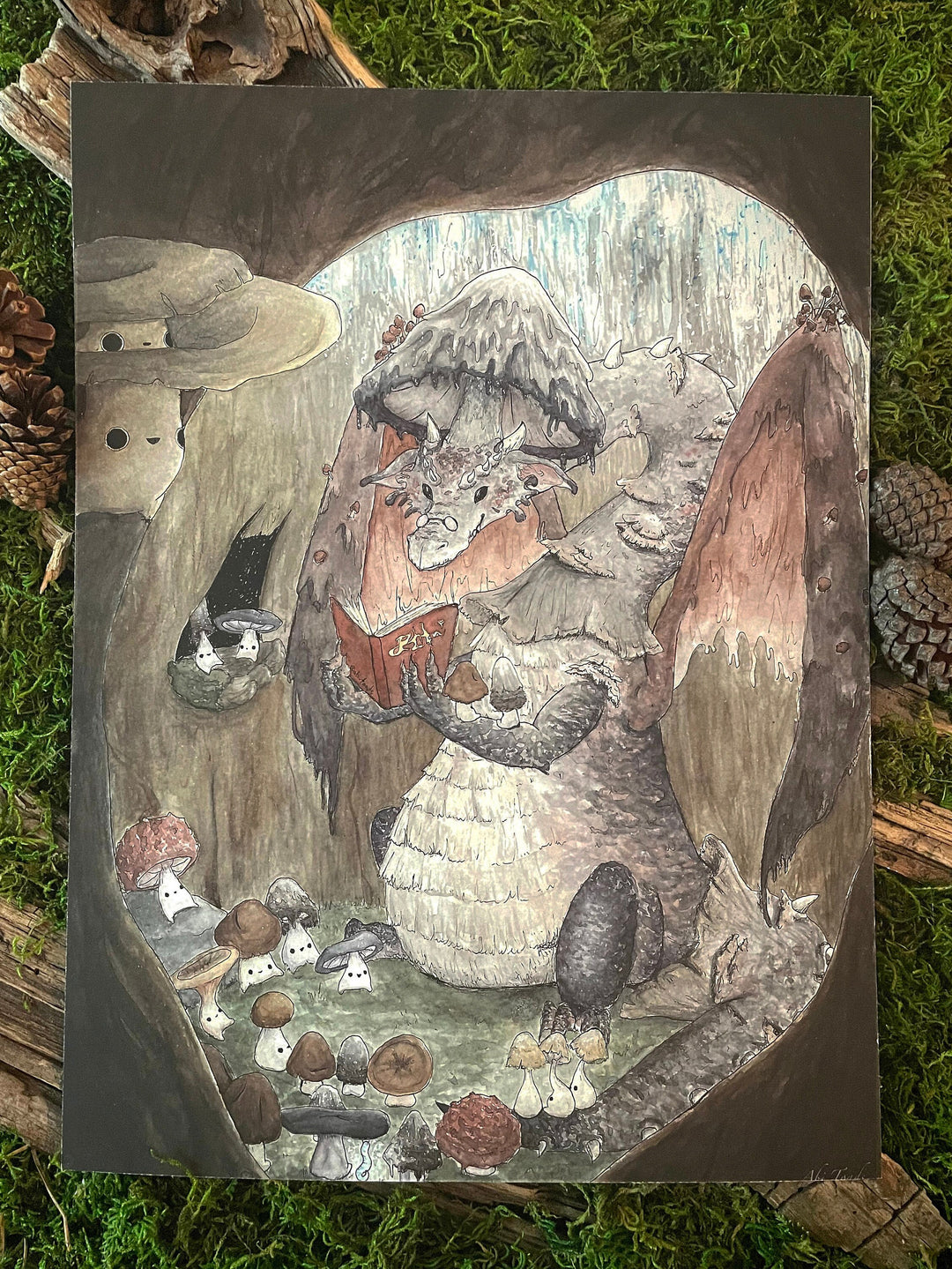 print of a mushroom dragon reading a book to a bunch of little mushroom creatures
