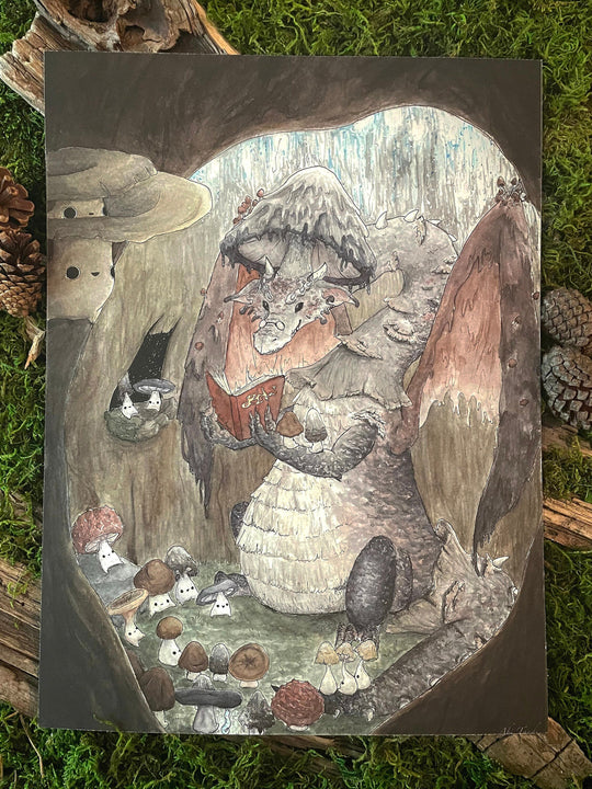 print of a mushroom dragon reading a book to a bunch of little mushroom creatures