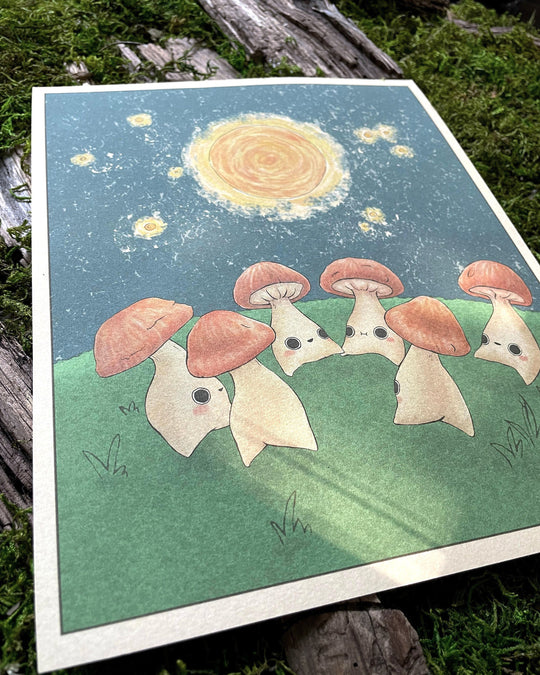 print of mushroom characters dancing in a circle under the moon closeup