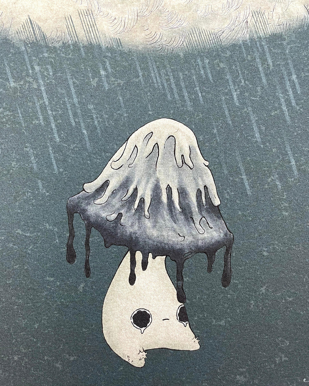 print of inky cap mushroom crying under rain cloud closeup